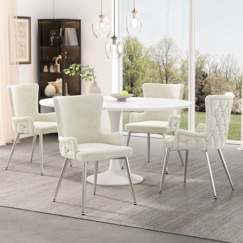 Velvet Dining Chair, Set Of 4, Luxurious Living Room Bedroom Lounge Chair With Four Silver Metal Legs - Beige - View 1