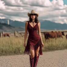 Women Mini Dresses - Burgundy - View 2