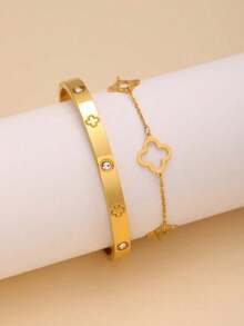 2Pcs/Set Stainless Steel Women's Lucky Clover And Heart Bracelet Set Shiny Zirconia Charm Party Jewelry Gift - Gold - View 2