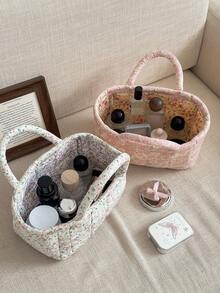 Country Floral Quilted Fabric Handheld Storage Basket Large Capacity Cosmetic Skincare Sundries Organizer With Handle Design Portable Home Organization Solution Decorative Woven Container Perfect For Bathroom Kitchen Bedroom Closet Shelves Display - View 4
