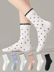 ZUJO 5 Pairs Sweet Women's Mid-Calf Socks, Polka Dot Pattern Bubble Lace Short Socks, Simple And Comfortable, Suitable For Spring, Autumn And Winter Sports Wear, Random Color - Multicolor - View 3