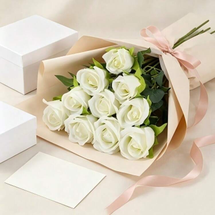 Artificial White Snow Mountain Rose Bouquet, Wedding Table Centerpiece Floral Decoration, Home Bedroom Kitchen Decor DIY Floral Gift - White - View 5