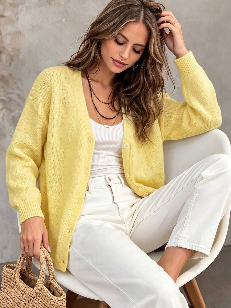 Women's Early Fall V-Neck Solid Color Soft Lazy Loose Single-Breasted Long Sleeve Knit Cardigan Daily Tea Time Commute Outing Layering Versatile Basic - Yellow - View 1