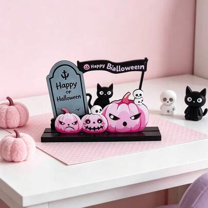 Cute Pink Pumpkin Wooden Halloween Tabletop Sign, Black Cat Tombstone Skull Decor, Pastel Halloween Wooden Centerpiece For Home Party Window Shelf Decor Gift
