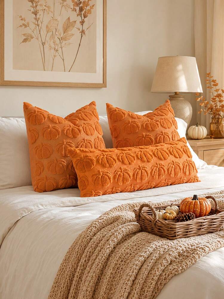1pc Halloween Pumpkin Decorative Pillow Case, Soft Plush Faux Fur Farmhouse Style Cushion Cover, Suitable For Autumn Holiday Home Decor - Orange - View 5