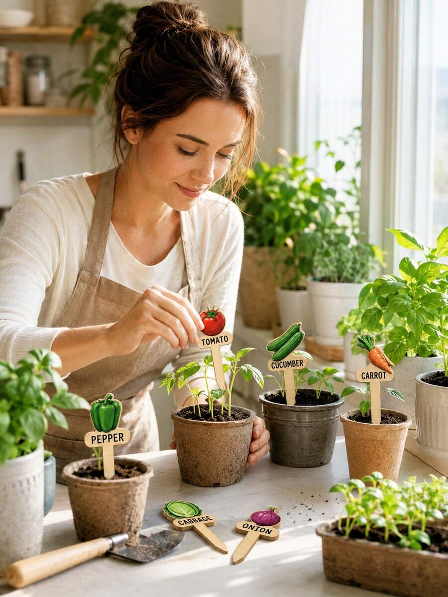 15件裝木製花園植物標籤,極簡卡通植物圖案,適用於室內/室外盆栽植物裝飾,可重複使用標記,園藝愛好者必備,節日禮物,家居裝飾 - 多色 - 查看 1
