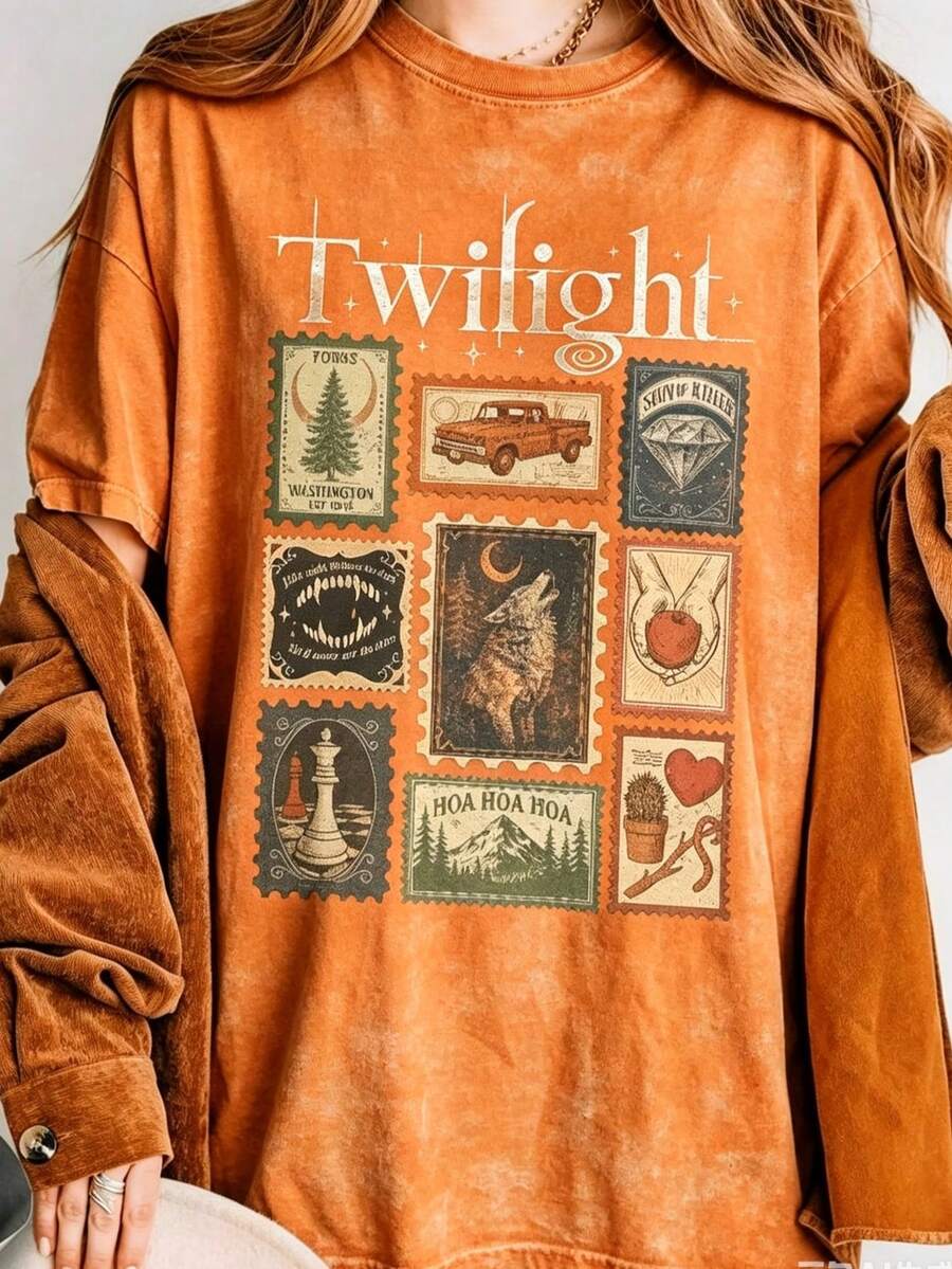 Vintage Twilight Movie Women T-Shirt, Retro Vampire And Wolves Graphic Tee, Y2K Oversized Classic 2000s Film Aesthetic Apparel, GothicHorror Romance - 橙色1 - 查看 1