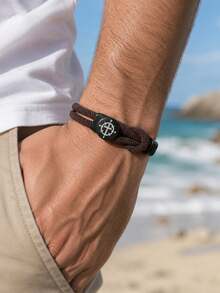 diffone Pulsera de moda hecha a mano con cuerda de Milán de 4MM, pulsera brazalete con brújula y cruz grabadas para hombres, joyería de brazalete - Pulsera de cordón con apertura - Ver 9