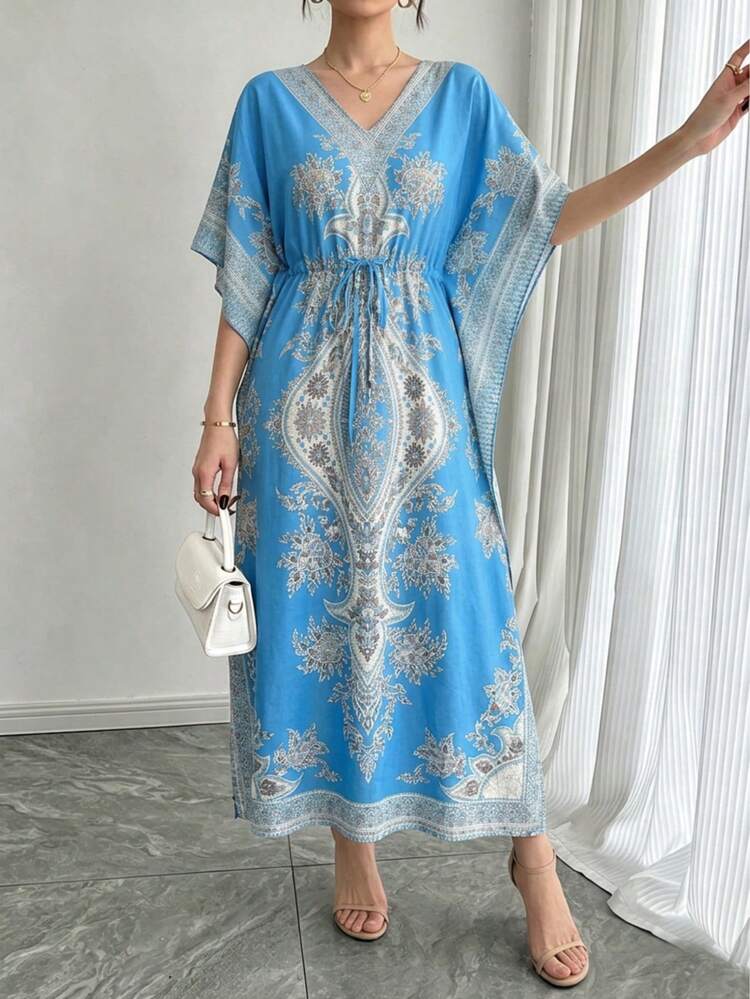 Gaun Kasual 2-in-1 Elastis Lengan Pendek Pas Badan dengan Motif Tie-Dye Arab Timur Tengah, Potongan Longgar, Leher V, Cocok untuk Liburan, Pesta, dan Ukuran Plus (Maxi Dress Musim Gugur) - Biru - View 4