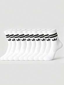1/5/10 Pairs Men's Striped Solid Color Mid-Calf Sports Socks, Couple Style, Moisture-Wicking Breathable Casual Socks, Unisex, Suitable For Daily Wear - Black and White - View 5