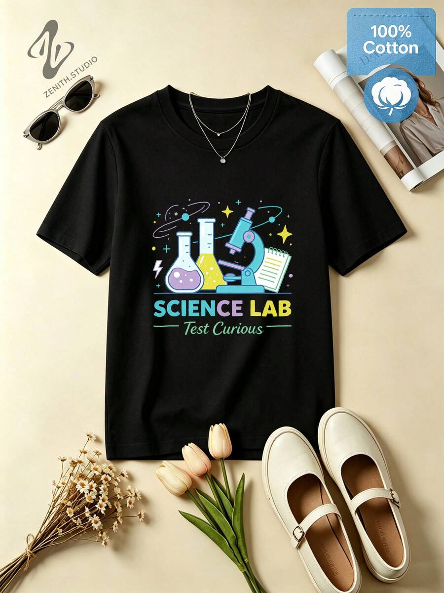 SCIENCE LAB Fun Lab Print Cotton Short Sleeve T-Shirt Science Lover Style Chemistry Gift - 黑色 - 查看 1
