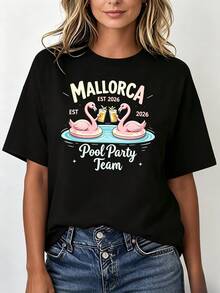 T-shirt da donna a vestibilità regolare in cotone 180GSM, girocollo basic, top casual quotidiano. T-shirt casual da donna 100% cotone a maniche corte, modello Mallorca 2026, con st - nero - Visualizzare 1