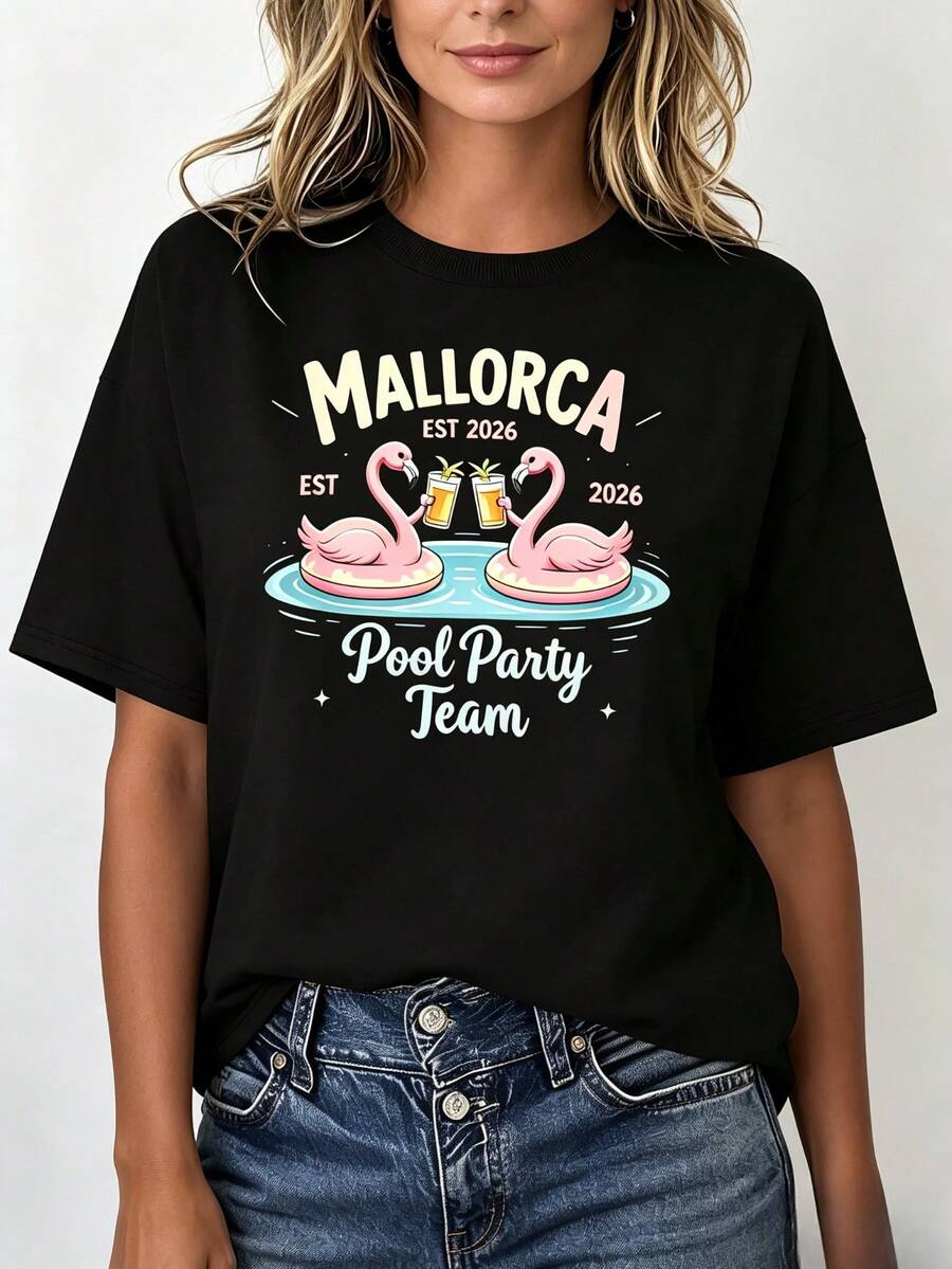 T-shirt da donna a vestibilità regolare in cotone 180GSM, girocollo basic, top casual quotidiano. T-shirt casual da donna 100% cotone a maniche corte, modello Mallorca 2026, con st - nero - Visualizzare 1