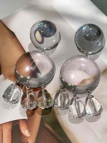 1 Pair Transparent Resin Ball Earrings With Teardrop Tassel Decor, Suitable For Party, Banquet, Travel, Holiday And Daily Wear - Clear - View 6