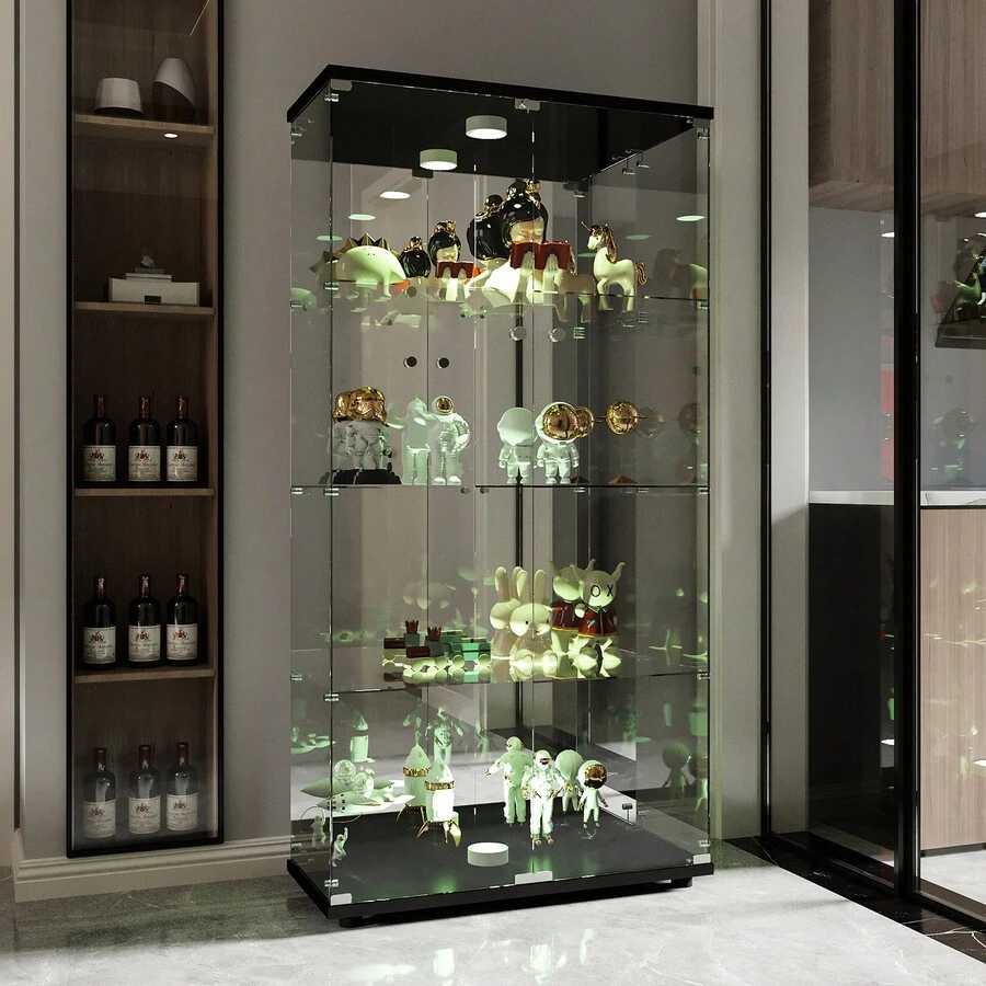 Caluself Glass Display Cases, Double-Door, Four-Multi-Layer Transparent Glass Cabinets, Suitable For Displaying Products, Black - 1PC - View 1