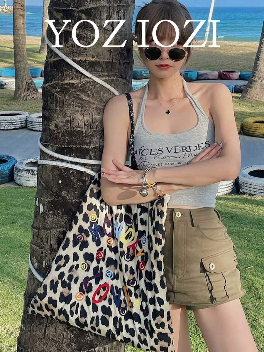 日韓風 INS 豹紋拼色女款大容量通勤外出日常購物帆布托特包,小眾設計腋下單肩手提包 - 彩色 - 查看 1