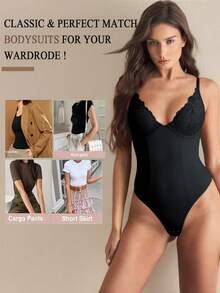 1pc Seamless Lace Deep V-Neck Shaping Bra, Effective Body Shaper Suitable For Weddings And Parties - Black - View 3