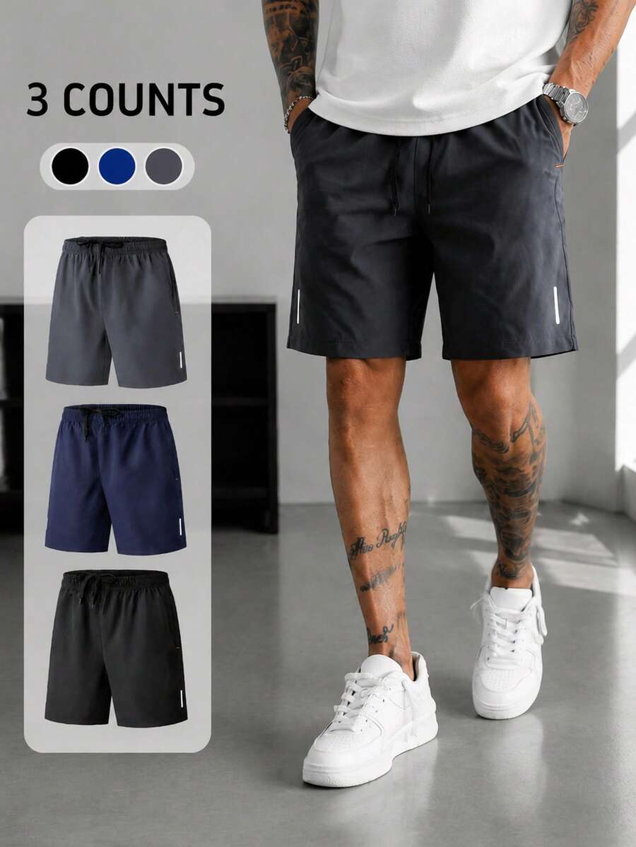 Blueprint Man 3pcs/Pack Men's Shorts, Elastic Waist, Zipper Pockets, Reflective Strip Decor, Drawstring Waist Design, Lightweight Woven Fabric, Comfortable Fit, Minimalist Sporty Casual Summer, Suitable For Fitness, Outdoor Activities And Daily Commute - Multicolor - View 1