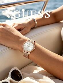 GUESS Rose Gold Mesh Strap Watch For Women, Crystal Paved Bezel Roman Numeral Dial Quartz Wristwatch - White - View 5