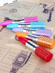 Custom Text Logo Creative Stationery Cartoon Cute Korean Style Lipstick Shaped Rhinestone Ballpoint Pen 1mm Thickness Blue Ink Lipstick Shaped Gift Pen Office Pen, Couples, Spouses, Colleagues, Friends, Elders, Children, Classmates, Teachers - Multicolor - View 5