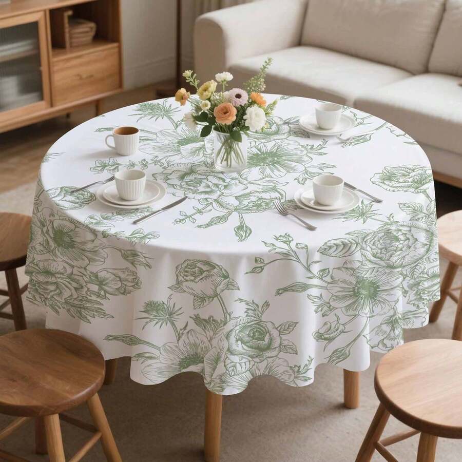 Blue Sage Green Floral Round Tablecloth - 60 Inch Dia Or 70 Inch Dia Chinoiserie Flower Table Cloth Vintage Boho Floral Polyester Fabric Farmhouse Round Table Cover For Kitchen Party Dining Picnic Outdoor Decor - Hoa màu xanh lá cây nhạt - Xem 1