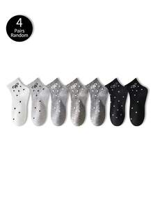 ZUJO 4 Pairs Women's Polka Dot Bow Pattern Lace Trim Mid-Calf Socks, Soft And Breathable, Suitable For All-Season Daily Wear, Random Color - Multicolor - View 5
