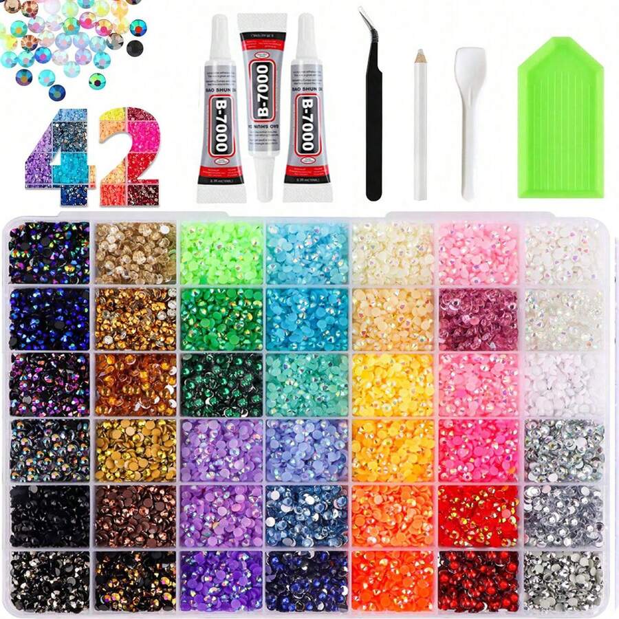 42色/36色樹脂果凍水鑽DIY套組,附水鑽筆、鑷子與3瓶B7000 DIY膠水,DIY手工平底水鑽鑽石畫套組,適用於手帳、鞋子及其他水鑽裝飾 - 套裝 - 查看 1