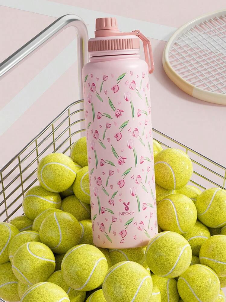 Meoky 40oz Stainless Steel Insulated Sports Water Bottle, Rotating Lid Direct Drinking Design, Patterned, Wide Mouth Double-Wall Leak-Proof, 12 Hours Hot/24 Hours Cold, Suitable For Sports, Outdoor Adventure Or Daily Use - Pink Tulips - View 6