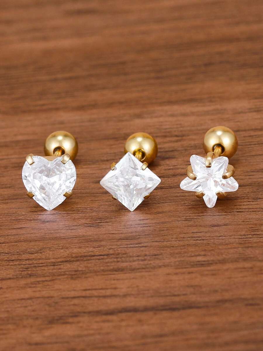 3件組 18K鍍金不鏽鋼極簡水晶愛心穿耳耳環套組 螺旋耳釘 悲鳴耳釘 耳軟骨耳釘 耳飾禮物 - 2-金色-3PCS - 查看 1