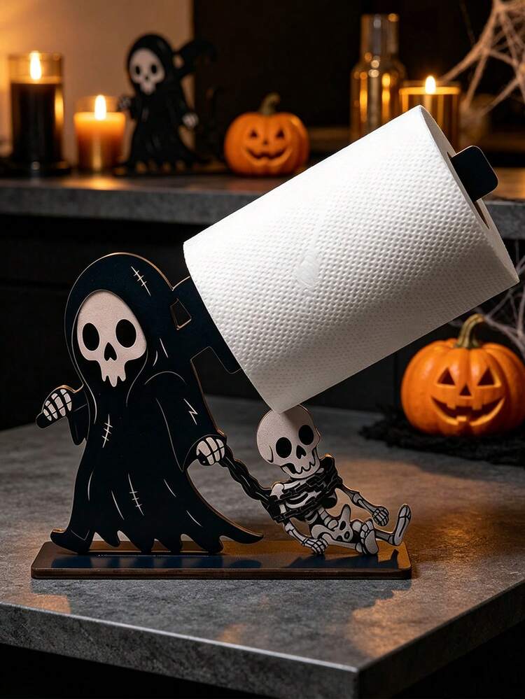 1 buah Tempat Tisu Kayu Tengkorak Hantu Gotik Dekorasi Halloween Dekorasi Rumah Pedesaan untuk Kamar Mandi Ruang Tamu Pesta - Hitam - View 1
