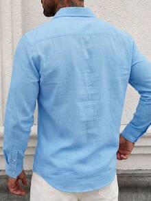 Men's Solid Color Comfortable Casual Single-Breasted Long Sleeve Commuter Shirt - Blue - View 2