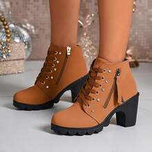 Sepatu Bot Ankle Wanita Ujung Bulat Hak Tebal dengan Hiasan Berlian Imitasi dan Resleting Samping, Sepatu Bot Vintage untuk Perjalanan Musim Gugur/Dingin yang Menambah Tinggi Badan - Coklat - View 1
