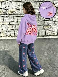 Fashion Casual Dice Print Hoodie & Solid Color Loose Pants 2-Piece Set, Autumn/Winter Daily Home & Outdoor Wear - Mauve Purple - View 1