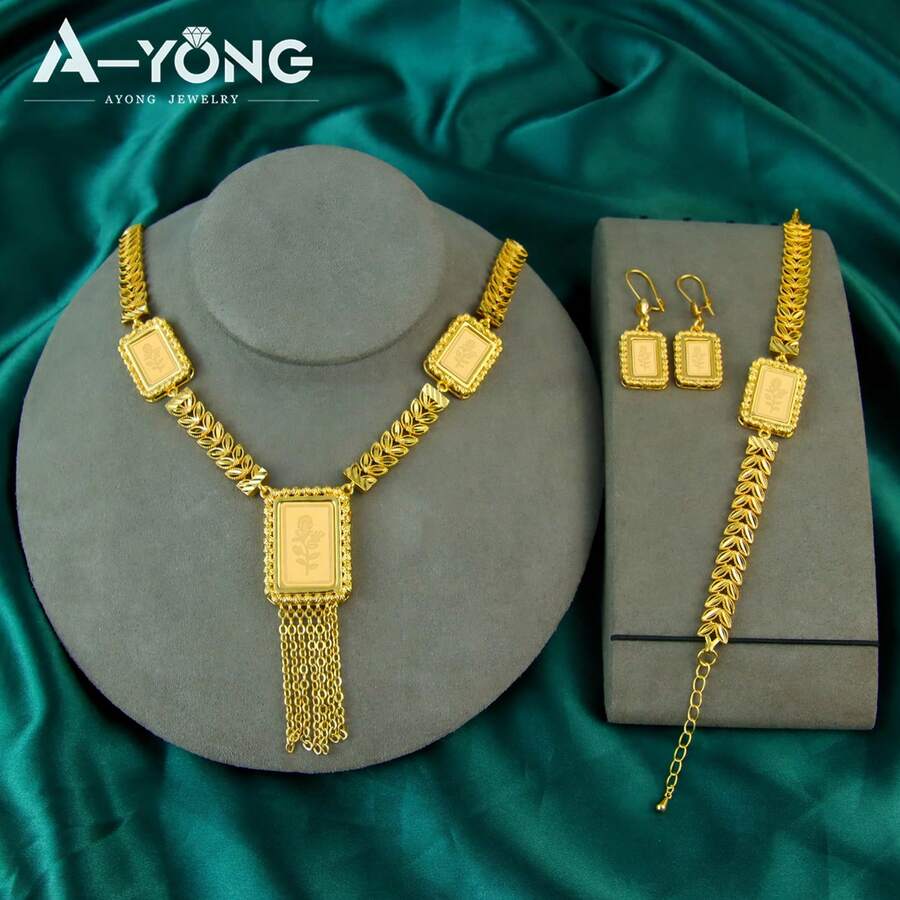 Luxury Dubai Wedding Jewelry Set 24K Gold Plated Omani Bride Tassel Necklace Bracelet Earrings Arabic Muslim Women Vintage Accessories