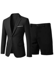Men's Slim Fit Solid Color Blazer & Bermuda Shorts 2-Piece Set, Casual Mature Style Dashing Suit Outfit, Spring/Autumn - Black - View 2
