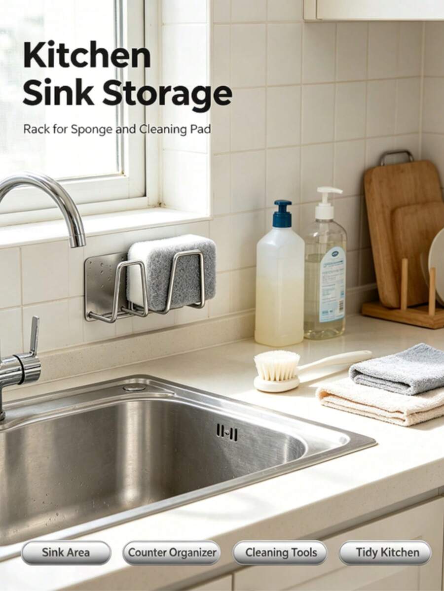 2/4pcs Stainless Steel Kitchen Sink Organizer - Adhesive, No-Drill Sponge Holder & Draining Rack | Wall-Mounted Storage Hooks For Cloths & Accessories - View 1