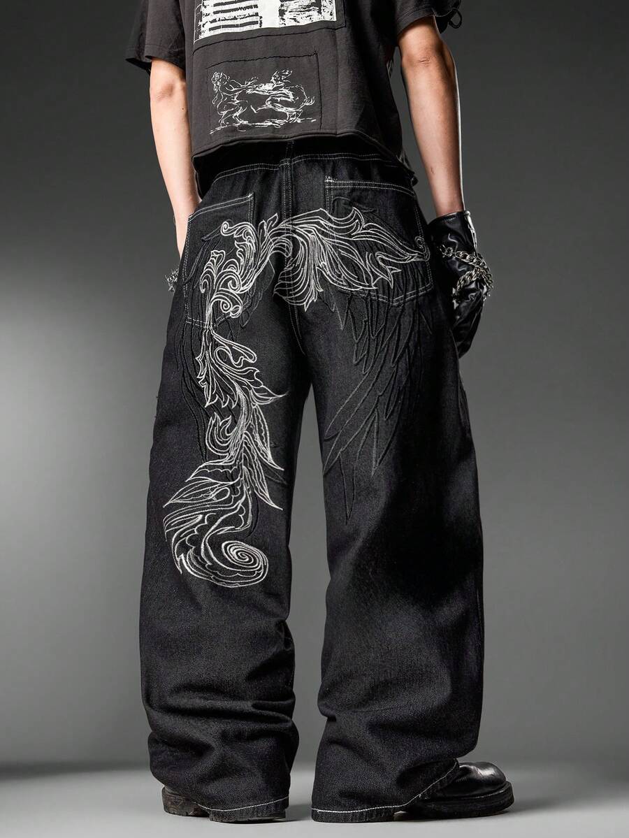 Korean Street Style Men's Wide Leg Jeans, Two-Tone Embroidery Design, Loose Fit, Full Length Trousers, All-Season (Belt & Accessories Not Included) - Black - View 1