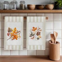 2PCS Kitchen Towels Vintage Striped Autumn Plant Pattern, Vintage Style Microfiber Material Soft Kitchen Towels Dish Cloths, Hand Towels, Tablecloths, Suitable For Kitchen Decor, Kitchen Cleaning, Bathroom Cleaning, Holiday Party Decor, Kitchen & Bathroom Supplies Home Essentials, Home Decor, Housewarming Gift - Grey - View 1