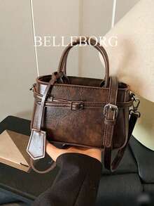 Bolso de mano cuadrado pequeño para mujer, estilo casual retro, con bloques de color, textura, correa de lona y hebilla, versátil para uso diario - Café - Ver 1