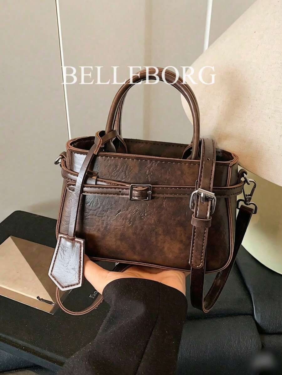 Bolso de mano cuadrado pequeño para mujer, estilo casual retro, con bloques de color, textura, correa de lona y hebilla, versátil para uso diario - Café - Ver 1