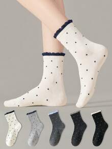 ZUJO 3 Pairs Sweet Women's Mid-Calf Socks, Polka Dot Pattern Bubble Lace Short Socks, Simple And Comfortable, Suitable For Spring, Autumn, Winter Sports Wear, Random Color - Multicolor - View 2