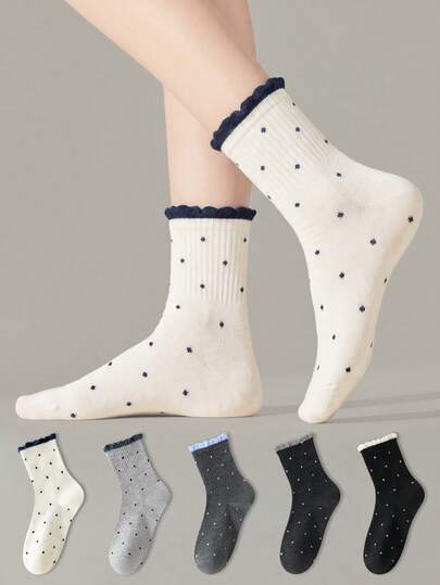 ZUJO 3 Pairs Sweet Women's Mid-Calf Socks, Polka Dot Pattern Bubble Lace Short Socks, Simple And Comfortable, Suitable For Spring, Autumn, Winter Sports Wear, Random Color