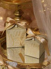 2/4pcs-Shimmering Silver/Champagne Gold Wedding Favor Boxes (Accessories Included) – Mini Square Candy Gift Boxes; Featuring Satin Ribbon, Suitable For Wedding Reception Table Decor, Bridal Showers, And Engagement Parties. - Multiple Styles - View 10