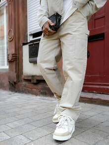 Caldwick Men's Large Pocket Functional Cargo Sports Casual Loose Fit Straight Leg Pants - Khaki - View 3
