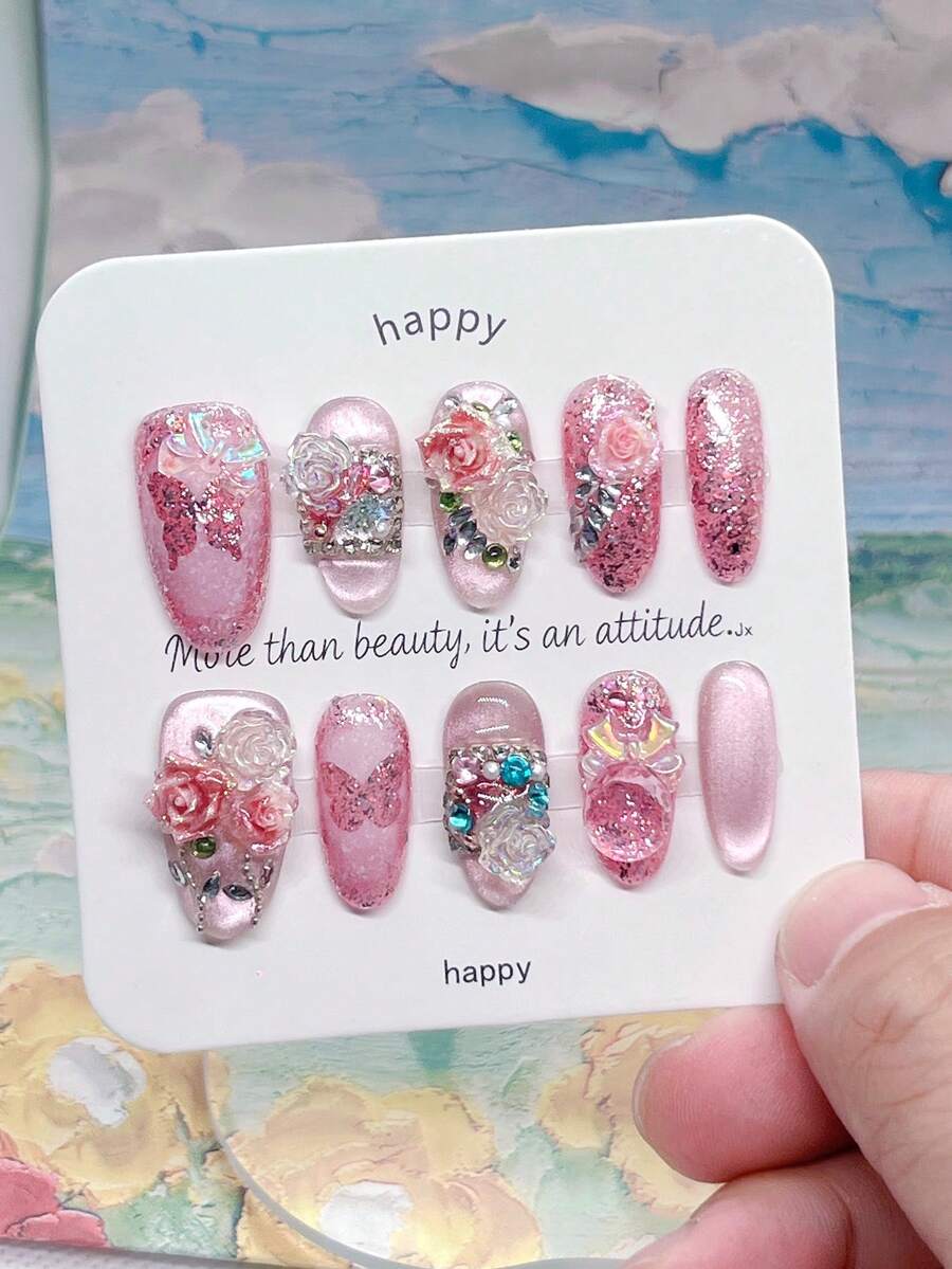 10 Stück handgefertigte kurze ovale rosa Glitzer Acryl Press-On Nägel Set, glänzende Full Cover Kunstnägel mit 3D Blumen Schleife Strass, süße niedliche Nagelspitzen für Frauen Mädchen Herbst Alltag Party Geschenk - Pink - Übersicht 1