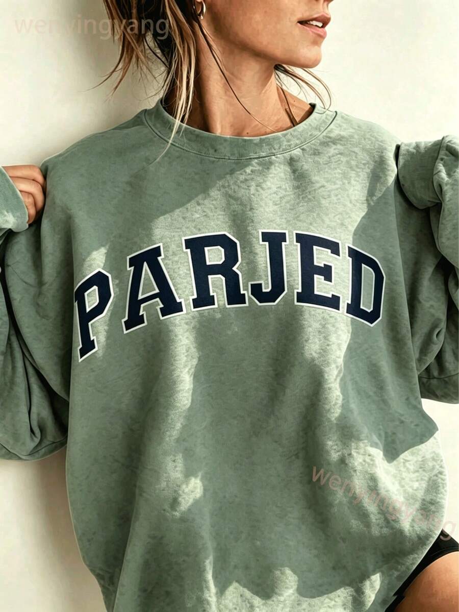 Women's Casual Letter Print Oversized Pullover Sweatshirt, Loose Fit Crew Neck Long Sleeve Hoodie, Fall Outfits For Airport, Back To School,Unisex-L91 - 綠色 - 查看 1