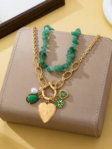 2 piezas/Set Collar de Estilo Bohemio con Colgante de Guijarro/Corazón/Gota de Agua, Adecuado para Vacaciones/Fiestas/Uso Diario de Mujeres - Multicolor - Ver 3