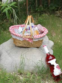Cesta de picnic tejida, de ratán, con asa plegable, ecológica, cesta de picnic portátil, cesta de almacenamiento, artículos para picnic, cesta de regalo. - Camel - Ver 10