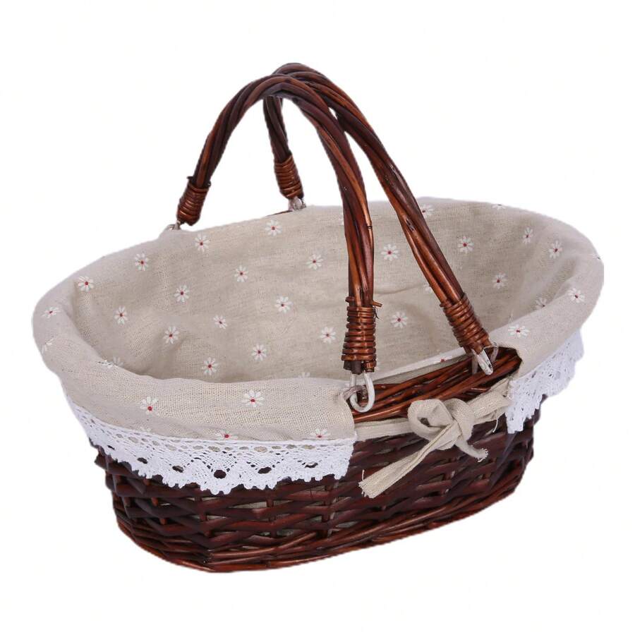 Cesta de picnic tejida, de ratán, con asa plegable, ecológica, cesta de picnic portátil, cesta de almacenamiento, artículos para picnic, cesta de regalo. - Camel - Ver 1