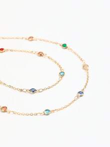 Vintage Colorful Round Rhinestone Necklace & Bracelet 2pcs Set, Niche Luxury Faux Gemstone Thin Chain Layered Collarbone Chain Jewelry Set For Women - Gold - View 4